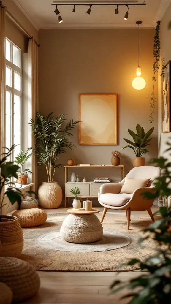 A cozy therapy office with earth-tone walls, plants, and comfortable seating.
