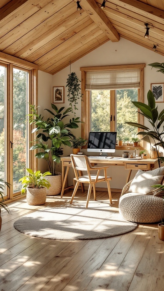 Modern cabin office with wooden beams and plants