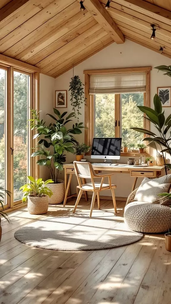 Modern cabin office with wooden beams and plants