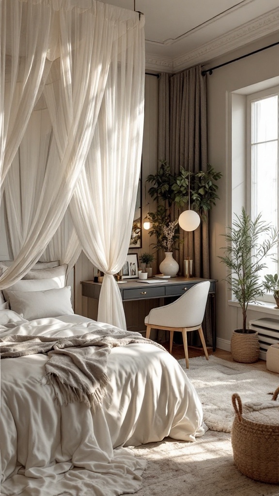 Stylish canopy bed with a corner workspace in a cozy room.