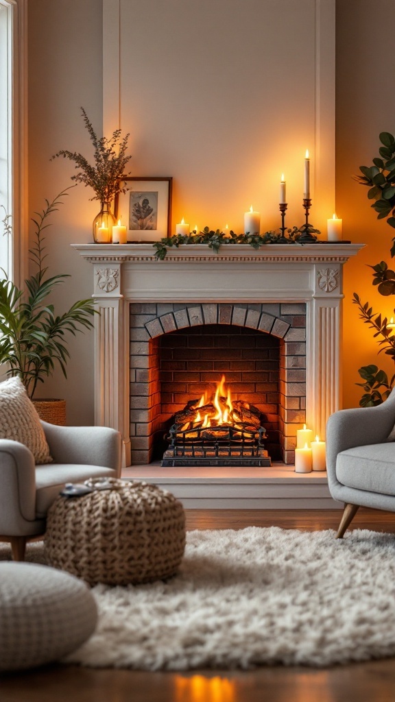 A cozy faux fireplace with candles creating a warm atmosphere in a therapy office.