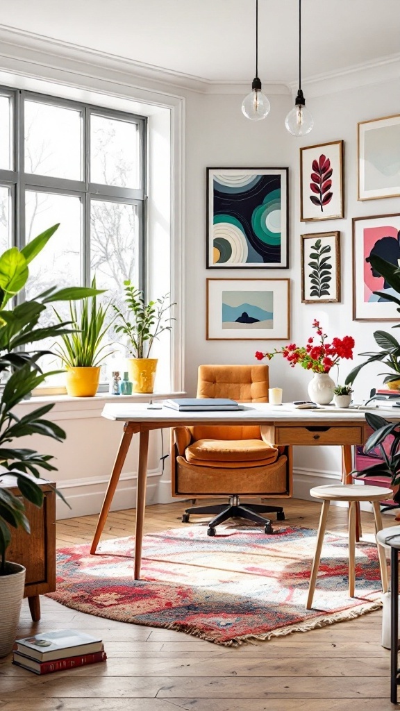 A stylish eclectic office featuring a statement desk, colorful artwork, and vibrant plants.
