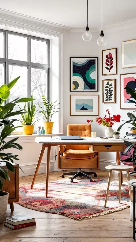 A stylish eclectic office featuring a statement desk, colorful artwork, and vibrant plants.