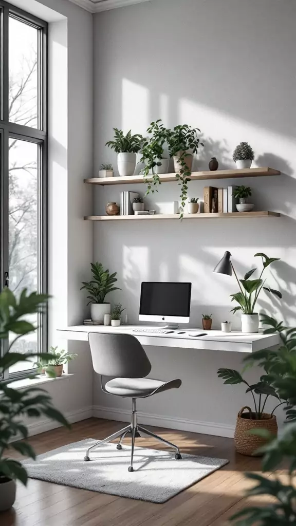 Floating desk in a modern cabin office with wall-mounted shelves and plants.