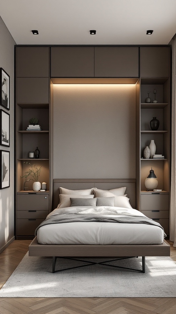 A modern fold-away wall bed with integrated shelving in a stylish office spare bedroom combo.