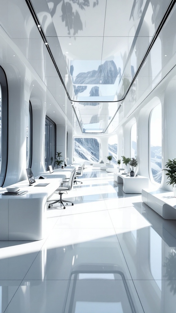 A futuristic office cabin with white gloss finishes and large windows, featuring sleek furniture and plants.