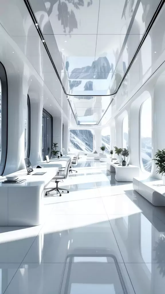 A futuristic office cabin with white gloss finishes and large windows, featuring sleek furniture and plants.