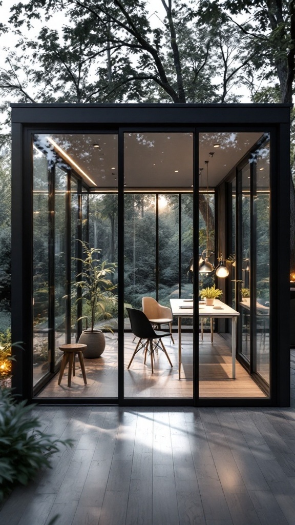 A modern glass office cabin surrounded by trees, featuring minimalist furniture.