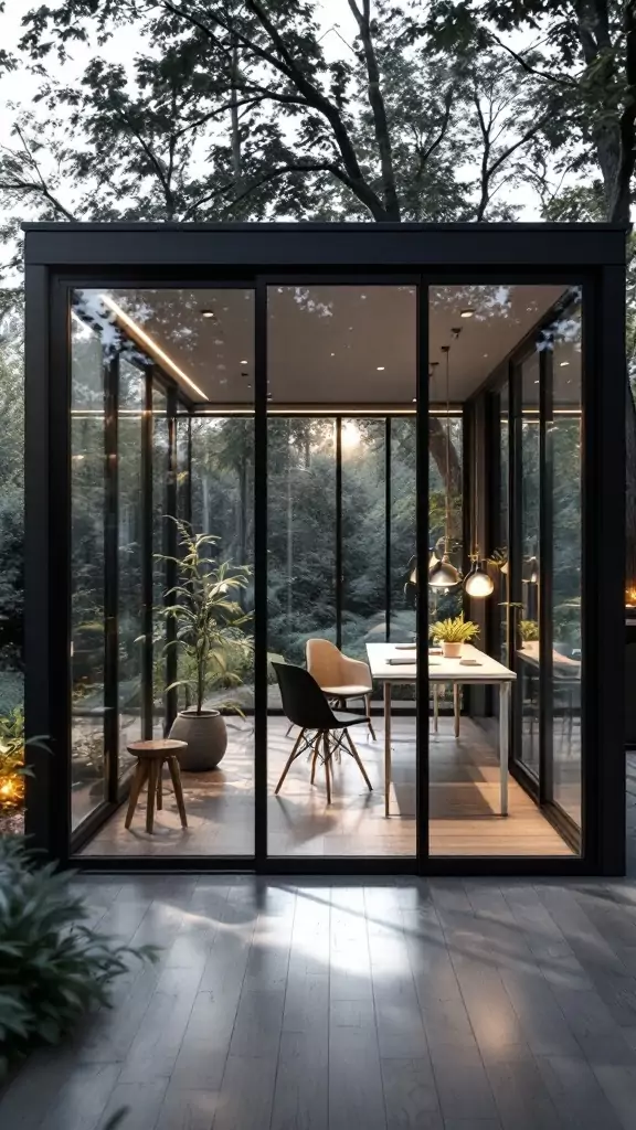 A modern glass office cabin surrounded by trees, featuring minimalist furniture.