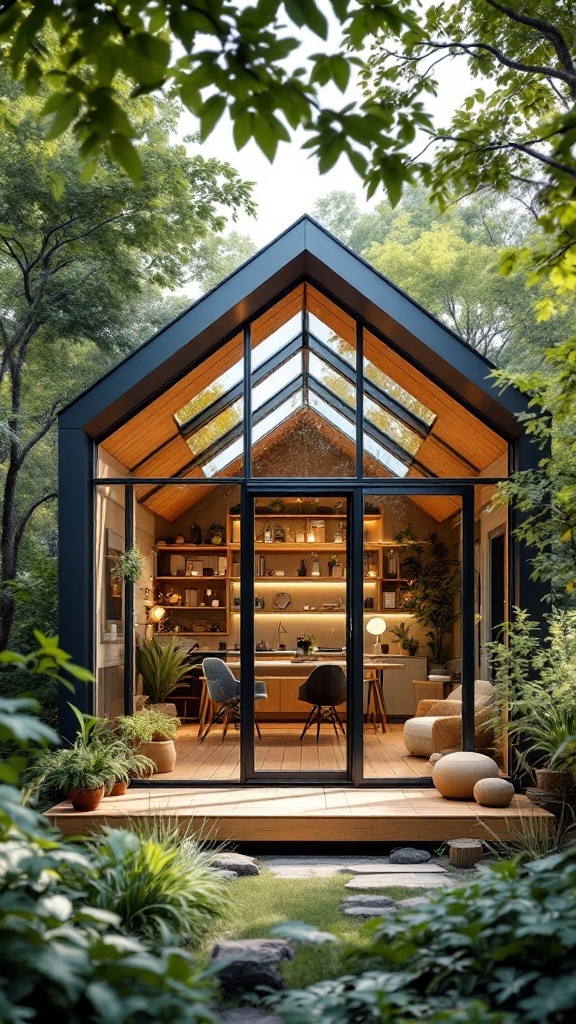 A modern glass roof cabin surrounded by greenery, showcasing a cozy office space with natural light.