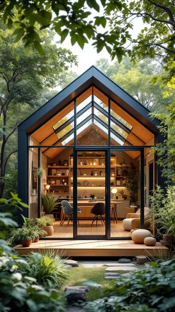 A modern glass roof cabin surrounded by greenery, showcasing a cozy office space with natural light.