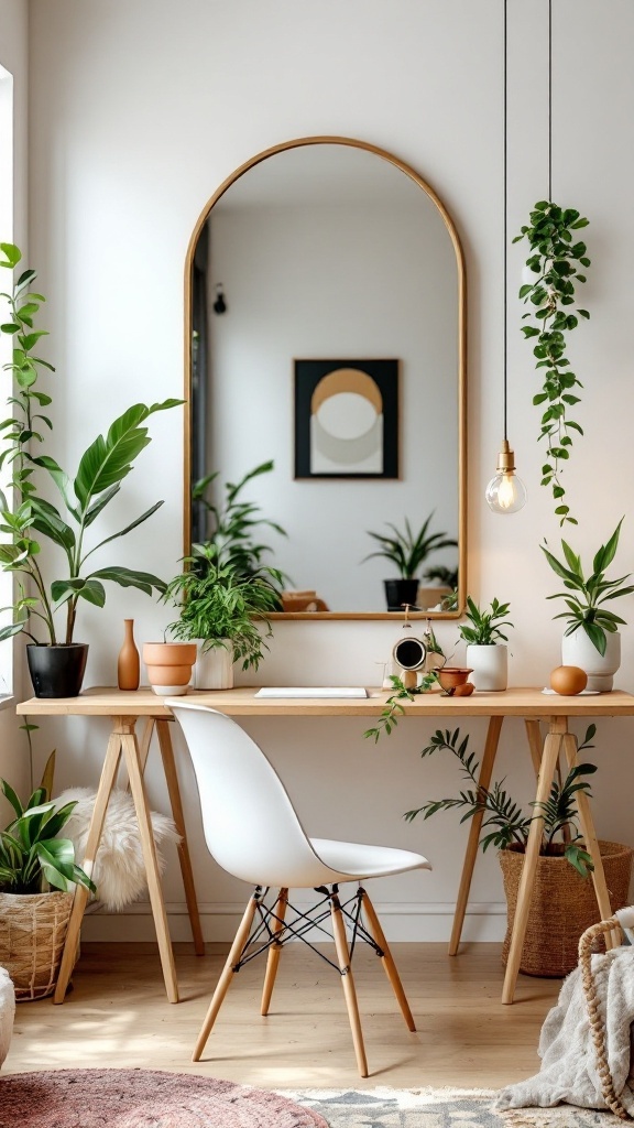 A cozy eclectic home office featuring a large mirror, plants, and a wooden desk.