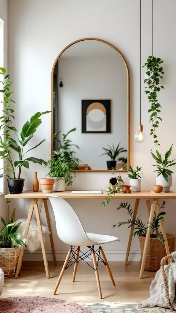 A cozy eclectic home office featuring a large mirror, plants, and a wooden desk.