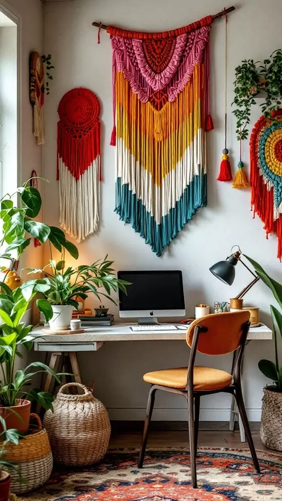 Colorful macrame wall hangings in an eclectic office setting