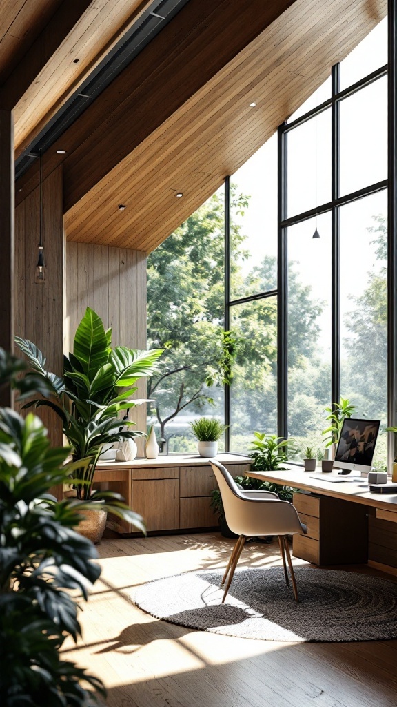 A modern office cabin interior with large windows, plants, and a sleek desk.