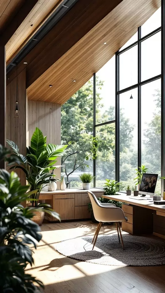 A modern office cabin interior with large windows, plants, and a sleek desk.