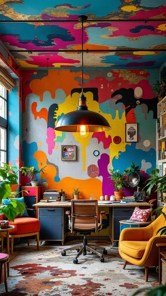 A colorful eclectic office with a statement light fixture, bright walls, and vibrant furniture.