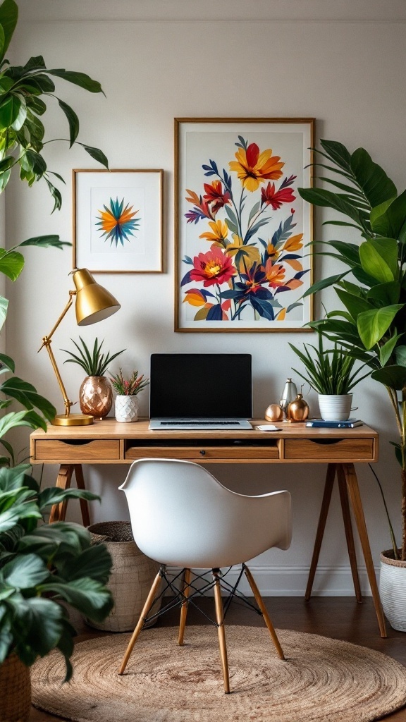A cozy eclectic home office with metallic accents and colorful decor.