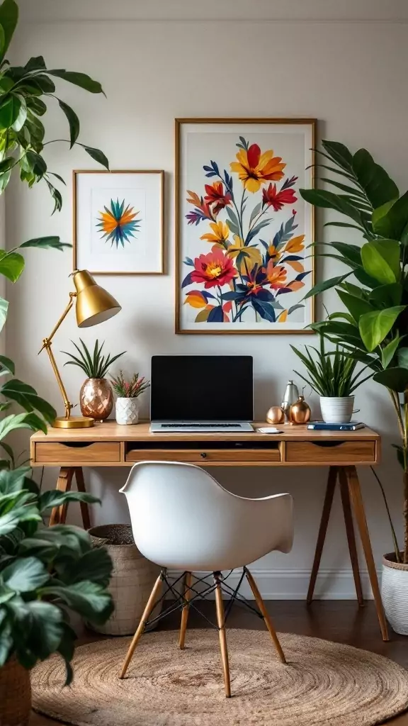 A cozy eclectic home office with metallic accents and colorful decor.