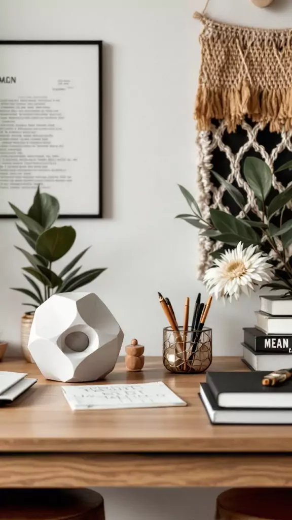 A stylish desk featuring sculptural accessories and plants in a cozy office setting.