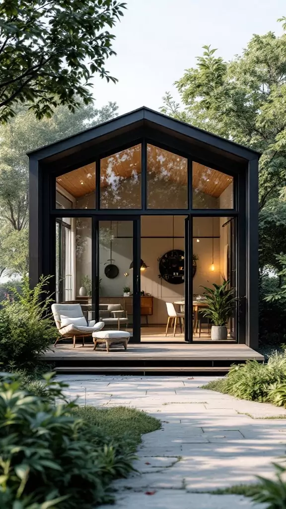 An industrial office cabin with black framing and large windows surrounded by greenery.