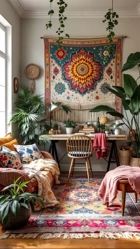 A cozy eclectic home office featuring colorful textiles, plants, and a workspace.
