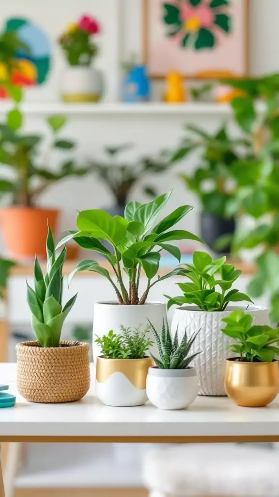 Various plants in eclectic planters on a table in an office setting.