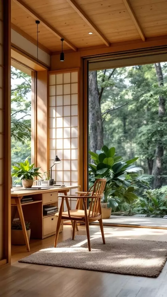 Japanese-inspired zen office cabin with wooden interior and plants.