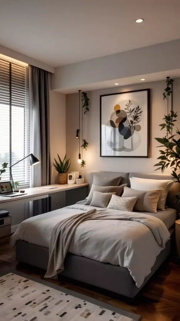 A cozy guest bedroom featuring an L-shaped desk beside a bed, combined with plants and soft decor.