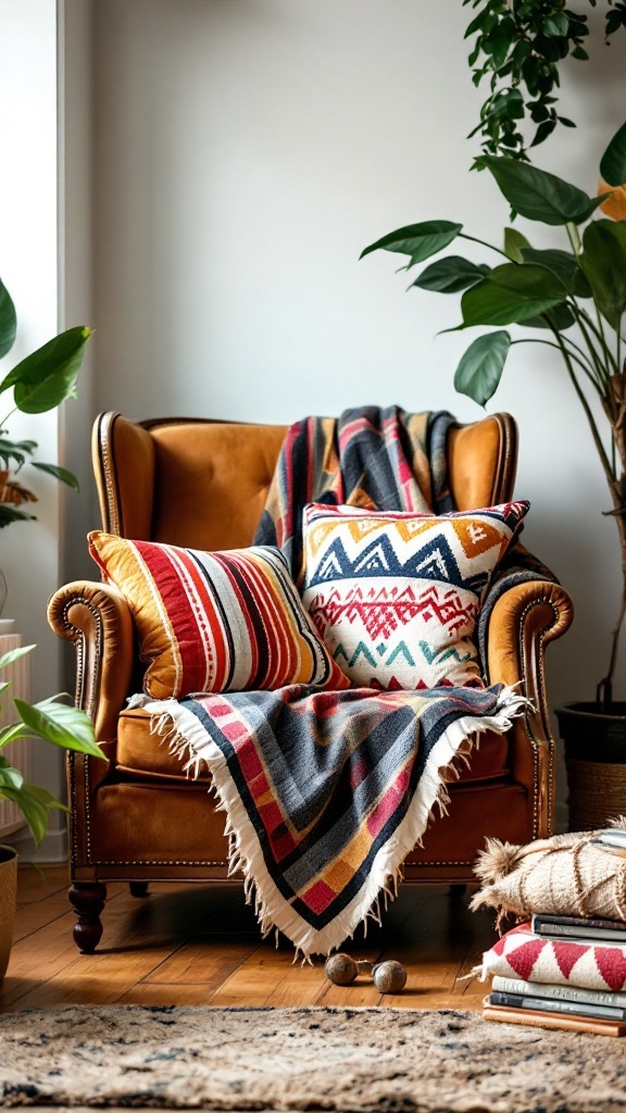 Cozy chair with layered textiles, including colorful pillows and a blanket.