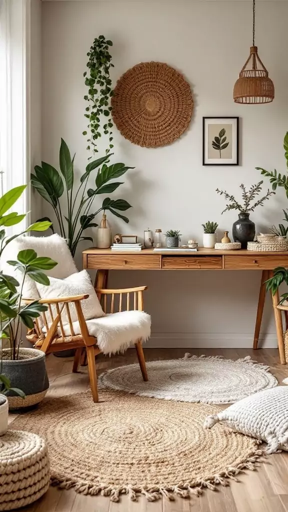 A cozy therapy office with layered rugs and natural textures, creating a calming atmosphere.