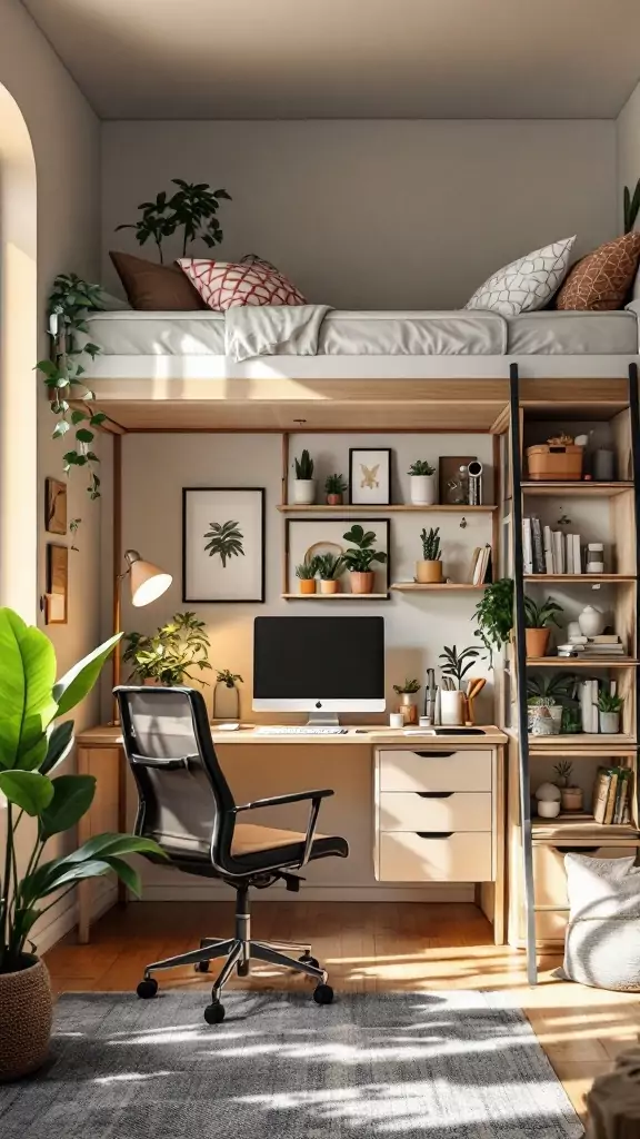 Lofted bed above a home office nook with plants and decor.