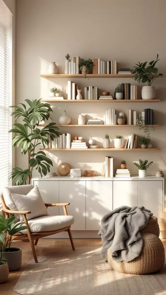 A cozy therapy office featuring low bookshelves filled with books and calming decor.