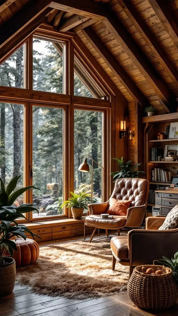 A luxury cabin office with leather accents, large windows, and cozy furnishings.