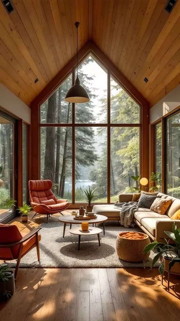 Cozy mid-century modern cabin interior with large windows and stylish furniture.