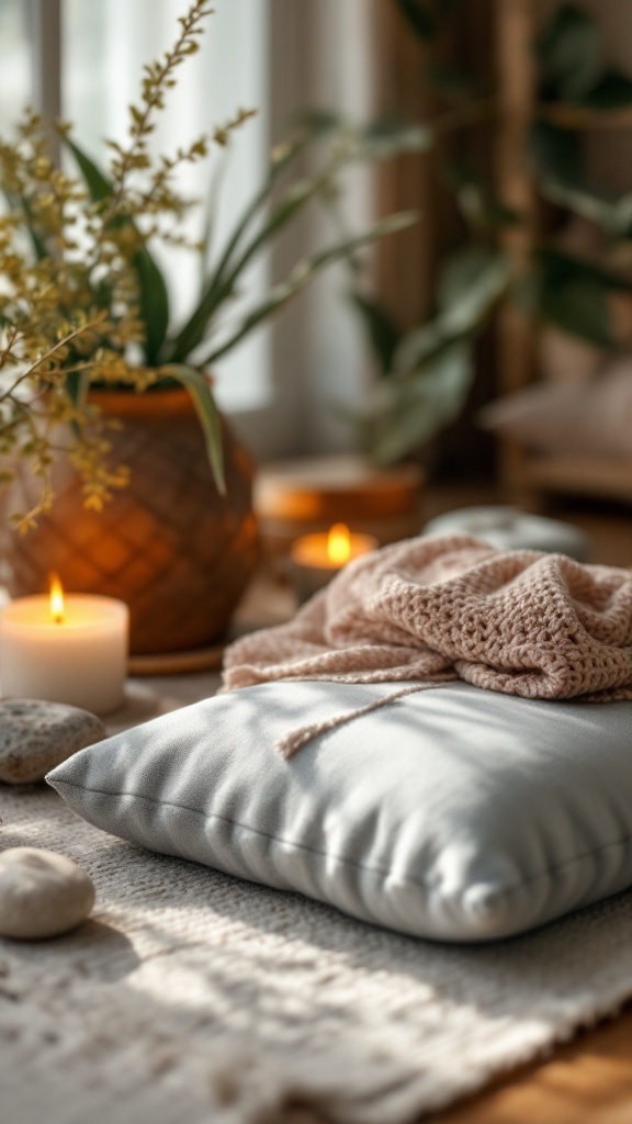 A cozy mindfulness corner with pillows, candles, and plants for a relaxing therapy office.