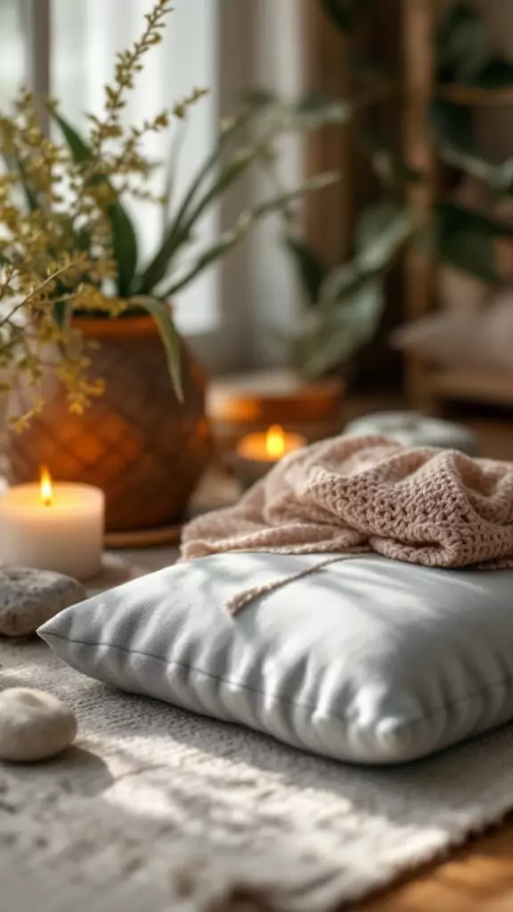 A cozy mindfulness corner with pillows, candles, and plants for a relaxing therapy office.