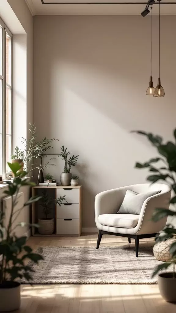 A cozy therapy office with minimal clutter, featuring a comfortable chair, plants, and hidden storage.