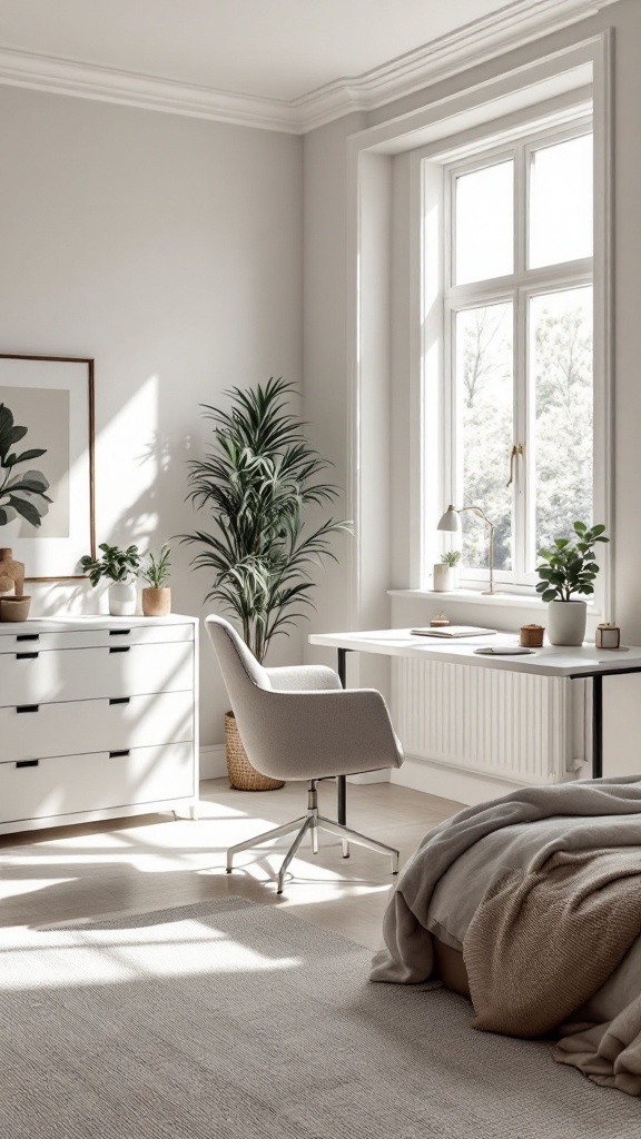 A minimalist Scandinavian office spare bedroom combo featuring a light-colored room with a desk, chair, plants, and a bed.