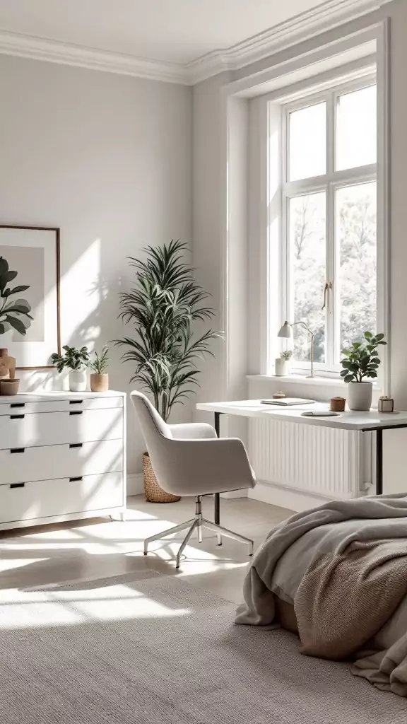 A minimalist Scandinavian office spare bedroom combo featuring a light-colored room with a desk, chair, plants, and a bed.