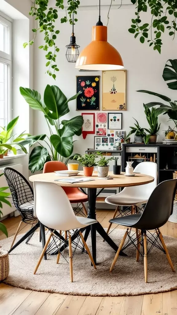 A round table surrounded by mixed style chairs in a bright office space