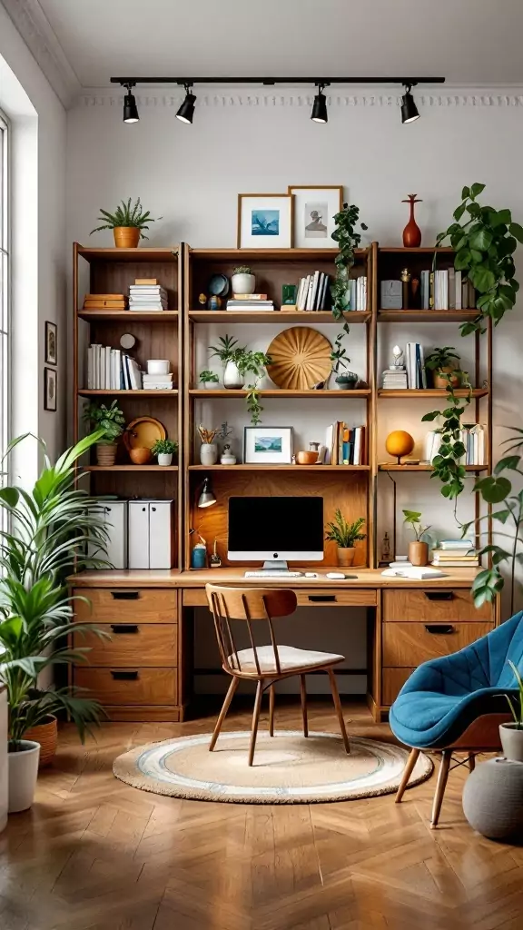 A beautifully arranged eclectic office with mixed wood finishes, plants, and stylish decor.
