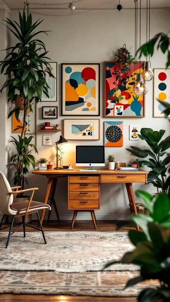 A stylish office space featuring a mix of vintage and modern furniture, colorful wall art, and plants.