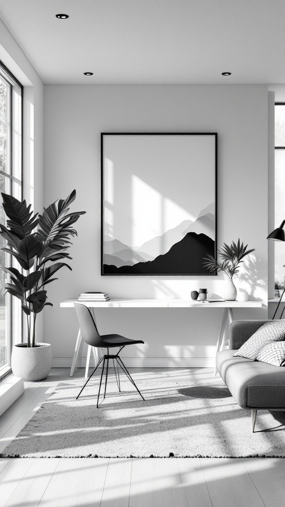 A monochrome office cabin featuring a large mountain art piece, sleek furniture, and plenty of natural light.