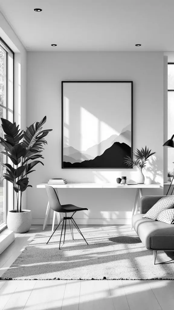 A monochrome office cabin featuring a large mountain art piece, sleek furniture, and plenty of natural light.