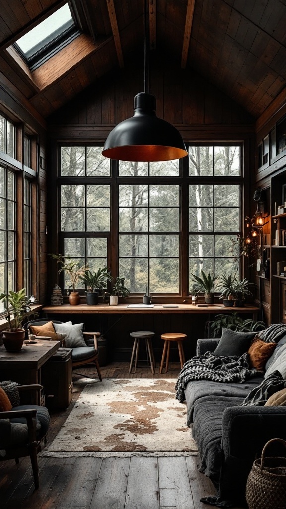Interior of a modern dark cabin office with large windows and stylish lighting.