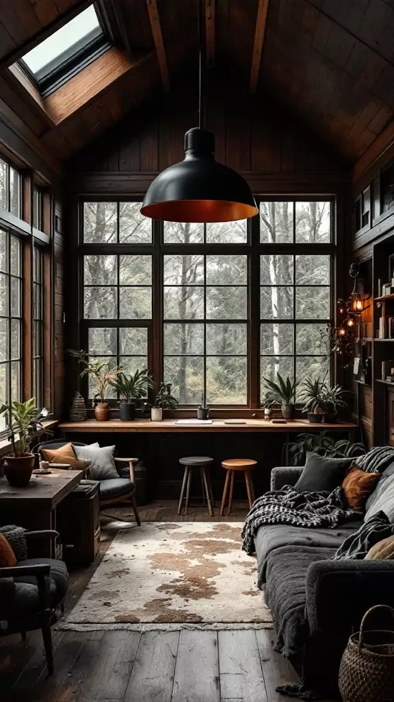 Interior of a modern dark cabin office with large windows and stylish lighting.
