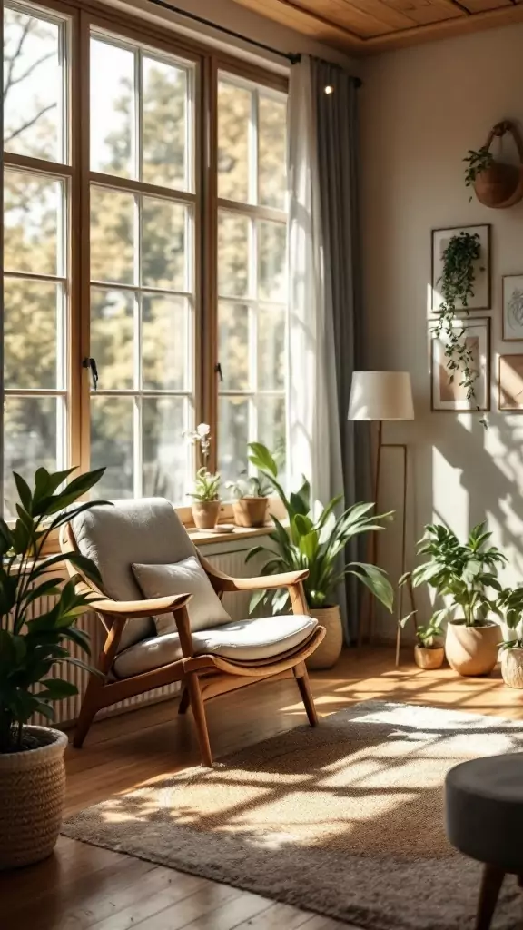 A cozy therapy office filled with natural light, featuring plants and comfortable seating.