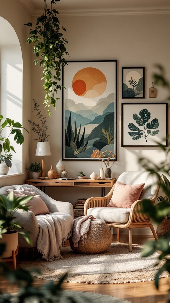 A cozy therapy office with nature-inspired artwork and plants.