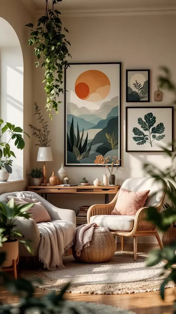 A cozy therapy office with nature-inspired artwork and plants.